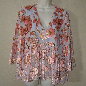 $350 Sz XS Stine Goya Purple Pink Gold Velvet Detail Babydoll Blouse